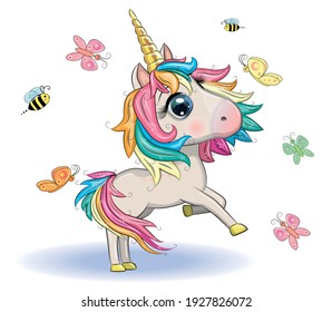 Magic cute unicorn, stars, clouds and moon poster, greeting card, illustration with outline