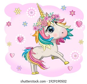 Magic cute unicorn, stars, clouds and moon poster, greeting card, illustration with outline