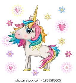 Magic cute unicorn, stars, clouds and moon poster, greeting card, illustration with outline