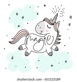 Magic cute unicorn, stars, clouds and hand lettering poster, greeting card, vector illustration with outline