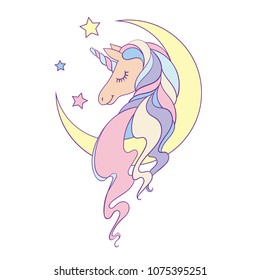 Magic cute unicorn, stars and moon poster, greeting card, vector illustration with outline