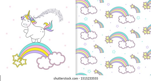 Magic cute unicorn stars and rainbow. Poster greeting card and seamless rainbow pattern vector illustration with outline.