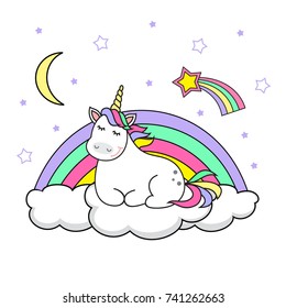 Magic cute unicorn stars and rainbow. Poster greeting card vector illustration with outline.