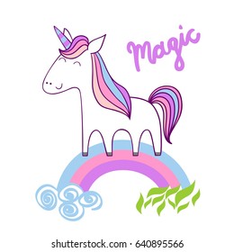 Magic cute unicorn with stars. Vector greeting card.