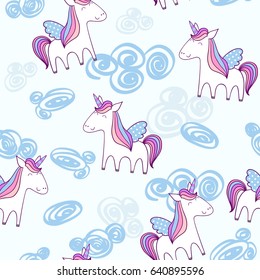Magic cute unicorn with stars. Vector seamless pattern
