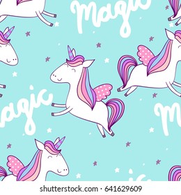 Magic cute unicorn with stars. Vector seamless pattern