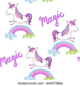 Magic cute unicorn with stars. Vector seamless pattern
