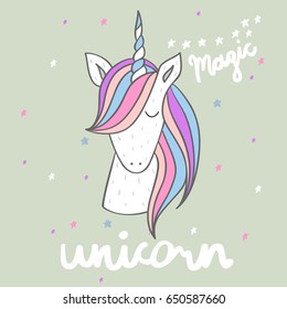 Magic cute unicorn with stars. Vector greeting card.