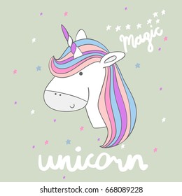 Magic cute unicorn with stars. Vector greeting card.