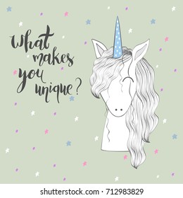 Magic cute unicorn with stars. Vector greeting card. What makes you beautiful.