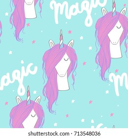 Magic cute unicorn with stars. Vector seamless pattern