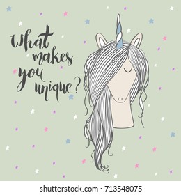 Magic cute unicorn with stars. Vector greeting card. What makes you beautiful.