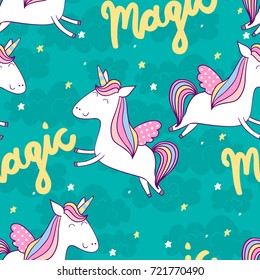 Magic cute unicorn with stars. Vector seamless pattern