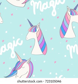 Magic cute unicorn with stars. Vector seamless pattern