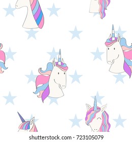 Magic cute unicorn with stars. Vector seamless pattern
