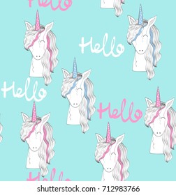 Magic cute unicorn. Vector blue seamless pattern