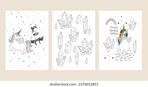 Magia unicornio lindo. Tarjeta de felicitación vectorial. Eres único.