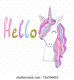 Magic cute unicorn. Vector greeting card.