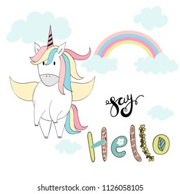 Magic cute unicorn. Vector hand drawn greeting card.
