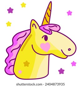 Magic Cute unicorn vector illustration head with mane and horn 