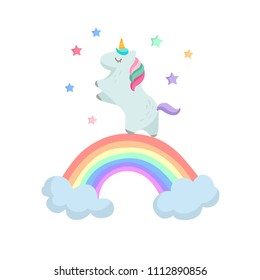 Magic cute unicorn, walking on the rainbow, doodle nursery art