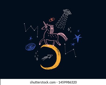 Magic cute unicorn walking on the moon. Nursery poster, postcard, vector illustration