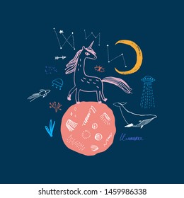 Magic cute unicorn walking on the moon. Nursery poster, postcard, vector illustration