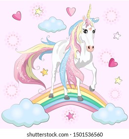 Magic Cute Unicorn Walking On Rainbow Stock Vector (Royalty Free ...