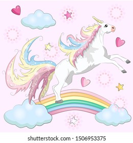 Magic cute unicorn, walking on the rainbow, doodle nursery art