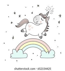 Magic Cute Unicorn, Walking On The Rainbow, Doodle Nursery Art