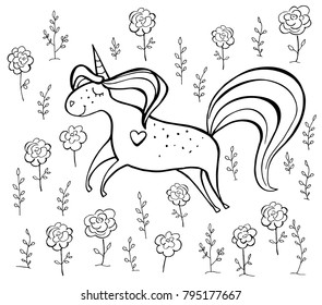 Magic cute unicorn, walking on the rainbow isolated on white. Hand drawn vector illustration. Perfect for print, coloring book, greeting card.