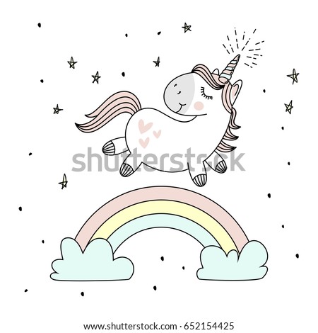 Magic cute unicorn, walking on the rainbow, doodle nursery art