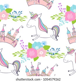 Magic cute unicorns with castle. Vector seamless pattern