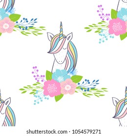 Magic cute unicorns with flowers. Vector seamless pattern