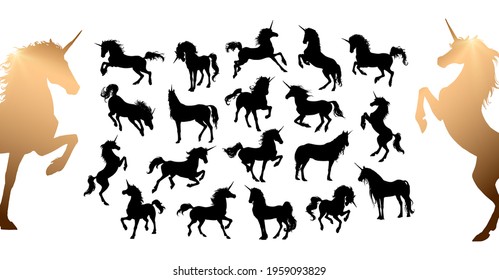 Magic Cute unicorns silhouettes. Stylish icons, vintage, background, horses tattoo. Hand drawn vector illustration, outline, isolated different unicorn body collection