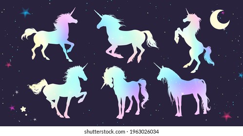 Magic Cute unicorns silhouettes. Stylish icons, vintage, background, horses tattoo. Hand drawn vector illustration, outline, isolated different unicorn body collection