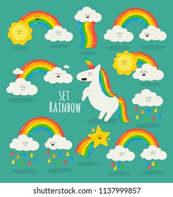 magic cute unicorns, stars, clouds and rainbows set. Vector illustration. You can use for cards, fridge magnets, stickers, posters or restaurant menu.