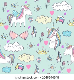 Magic cute unicorns. Vector hand drawn seamless pattern