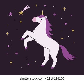 Magic cute white unicorn flying in the sky with stars. Cartoon style beautiful unicorn for kids stuff, posters, cards etc. Vector illustration
