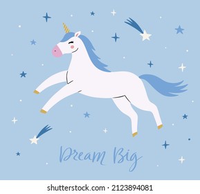 Magia unicornio blanco lindo volando en el cielo con estrellas y corazones en fondo azul. Estilo de caricatura bello unicornio para niños cosas, afiches, tarjetas, etc. Sueña texto dibujado a mano grande. Ilustración del vector