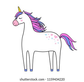 Magic cute white unicorn on white background. Cartoon style beautiful unicorn for kids stuff, posters, cards etc. Vector illustration