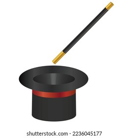 Magic cylinder hat and wand isolated on white backgound.Magician, circus and show.A trick or illusion.Wizzard illusionist.Sign, symbol, icon or logo.Graphic design.Realistic vector illustration.