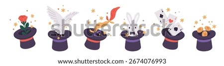 Magic cylinder tricks. Different illusionist top hat performing, disappearing and reappearing objects, surprise stunts, rabbit, dove and cards cartoon flat isolated illustration garish vector set