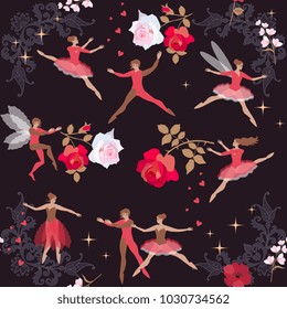 Magic dance in summer night. Beautiful fairies and elves with flowers. Template for greeting cards, posters, covers. Vector illustration.