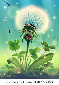 Magic dandelion flower with beautiful sunny green grass, morning clover in fantasy forest or season summer park, garden, meadow, flying seeds and white fluff in outdoors nature, vector illustration. 