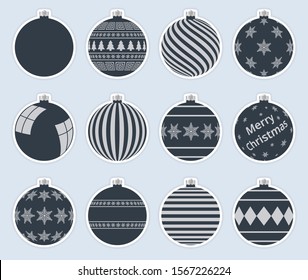 Magic, dark christmas balls stickers isolated on gray background. High quality vector set of christmas baubles.