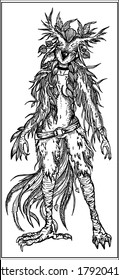 Magic Dark Creature, Isolated Character, Fairytale Bird, Owl With Fluffy Big Ears, Leaves And Feathers, With Long Braids, Big Claws And A Belt On Its Waist, Powerful Legs And A Bushy Tail.