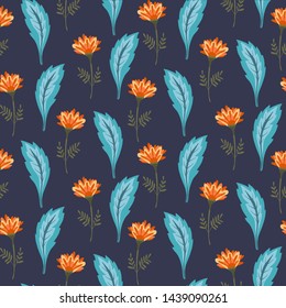 Magic dark floral seamless pattern with cute orange flowers and blue leaves. Summer night botanical texture with outline blossoms and herbs for textile, wrapping paper, background, surface, wallpaper