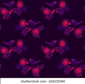 Magic dark night seamless pattern with glowing flowers and violet japanese birds.