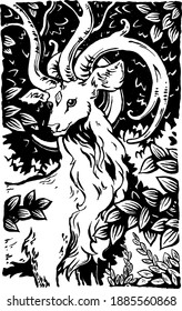 Magic deer with large antlers in the forest.
Black and white hand drawn illustration